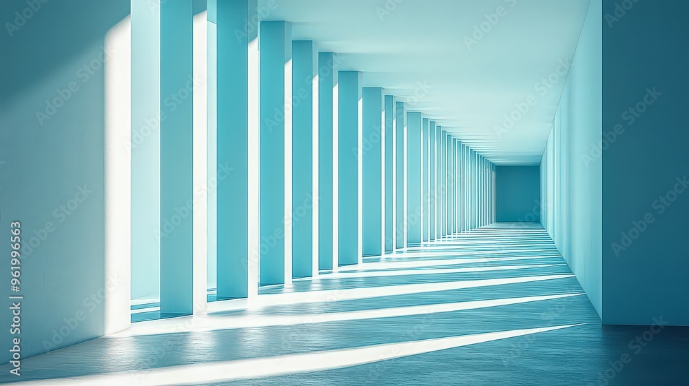 Fototapeta premium Minimalist hallway with tall columns casting long shadows, bathed in soft blue light. Architectural design evokes simplicity and elegance through clean lines and geometric shapes.