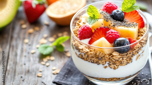 Fresh yogurt parfait with mixed fruits, chia seeds, and granola served in a glass on a rustic wooden table