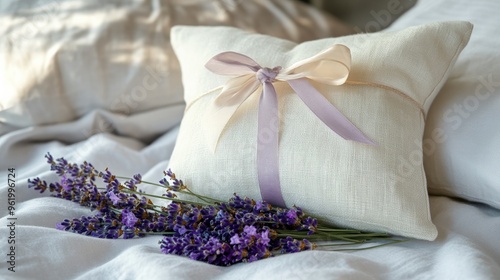 A lavender-scented sachet tied with a ribbon, placed on a linen pillow to symbolize relaxation and peaceful sleep