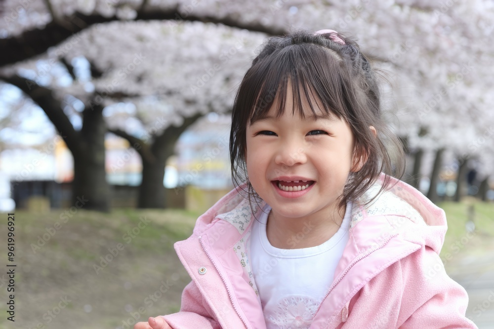 Happy child cherry blossoms. A young girl smiles brightly in front of a backdrop of beautiful cherry blossoms. Her joy and the springtime blooms create a cheerful atmosphere. Happy child cherry blossoms. A young girl smiles brightly in front of a backdrop of beautiful cherry blossoms. Her joy and the springtime blooms create a cheerful atmosphere.
