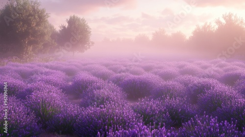 A misty morning in a lavender field, with dewdrops glistening on the flowers and soft fog rolling over the landscape