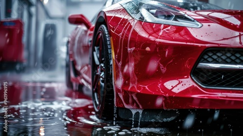 Red sports luxury car under a water jet during the washing process at a car wash AI generated image