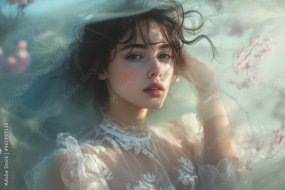 A Young Woman Wrapped in a Veil with Delicate Flowers A Young Woman Wrapped in a Veil with Delicate Flowers