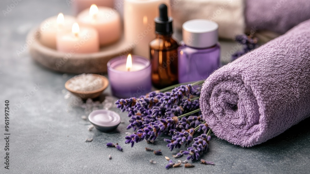 A relaxing spa scene with lavender essential oils, candles, and a rolled towel, symbolizing wellness and tranquility A relaxing spa scene with lavender essential oils, candles, and a rolled towel, symbolizing wellness and tranquility