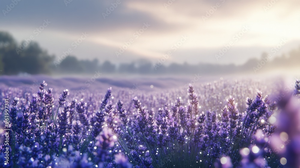 Naklejka premium A misty morning in a lavender field, with dewdrops glistening on the flowers and soft fog rolling over the landscape