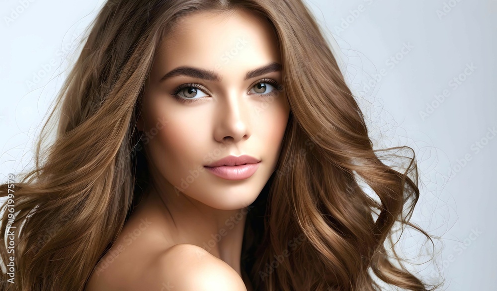 Fototapeta premium Beautiful woman with straight long brown hair. Hair model with voluminous hairstyle - attractive gorgeous healthy straightened hair