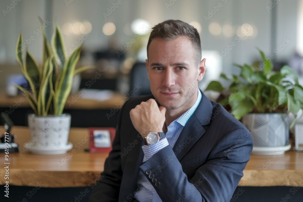Businessman confident look. Portrait of a businessman, wearing a blue suit, confident and professional, with a plant in the background. Businessman confident look. Portrait of a businessman, wearing a blue suit, confident and professional, with a plant in the background.