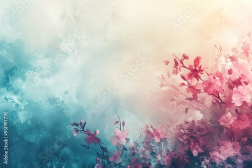 Wallpaper Mural Watercolor Painting of Pink Flowers Against a Blue and White Background Torontodigital.ca