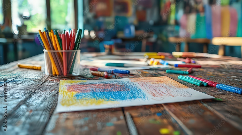 Colorful pencils and paper on a wooden table, showcasing an artistic workspace for creative drawings. Perfect for an afternoon of imaginative fun. Colorful pencils and paper on a wooden table, showcasing an artistic workspace for creative drawings. Perfect for an afternoon of imaginative fun.