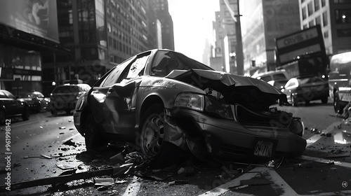 A damaged car in a busy urban street, showcasing the aftermath of an accident.