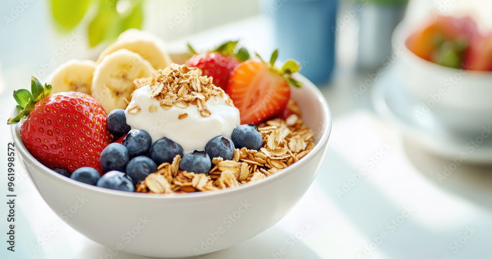 Fresh and colorful breakfast bowl with yogurt, granola, strawberries, blueberries, and banana slices served in a light setting Fresh and colorful breakfast bowl with yogurt, granola, strawberries, blueberries, and banana slices served in a light setting