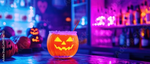 Halloween neon bar with a pumpkin cocktail in a jack-o-lantern cup eerie lighting and festive atmosphere photo