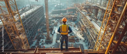 Striking editorial image of a construction worker at a massive site capturing the raw power and scale of industrial progress photo