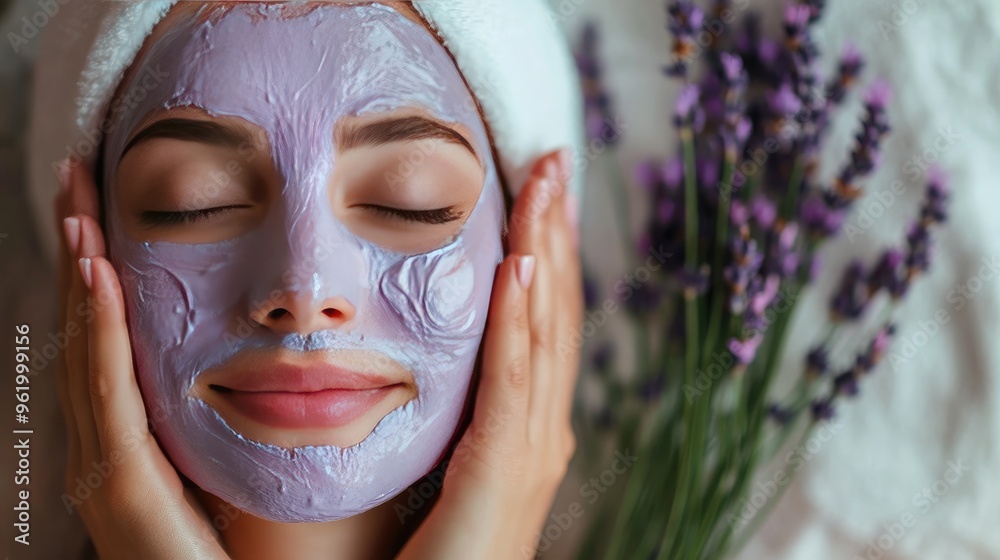 A woman enjoying a lavender-scented face mask in a spa, with fresh lavender sprigs arranged around the treatment area