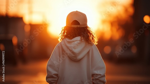 A person in a hoodie and cap walking towards the sunset, symbolizing solitude and reflection in a serene urban setting with warm, glowing colors and soft evening light.