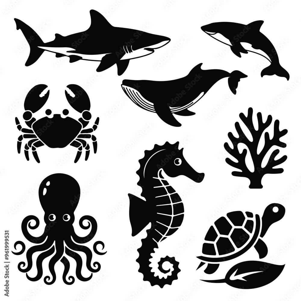 Fototapeta premium A vector illustration of black icons of sea animals. on a white background