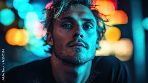 A young man with blond hair and a faint beard, gazing intently in a setting illuminated by vibrant urban night lights, evoking a sense of mystery and allure.