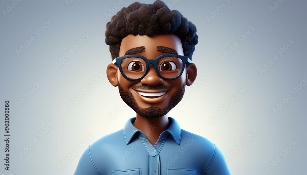 Smiling Cartoon Man in Blue Shirt with Big Glasses, 3D Style Happy Adult Character, Concept for Positive Emotions and Expressive Human Feelings in Light Background Smiling Cartoon Man in Blue Shirt with Big Glasses, 3D Style Happy Adult Character, Concept for Positive Emotions and Expressive Human Feelings in Light Background
