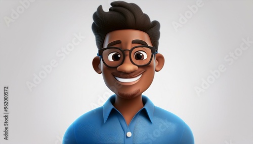 Smiling Cartoon Man in Blue Shirt with Big Glasses, 3D Style Happy Adult Character, Concept for Positive Emotions and Expressive Human Feelings in Light Background