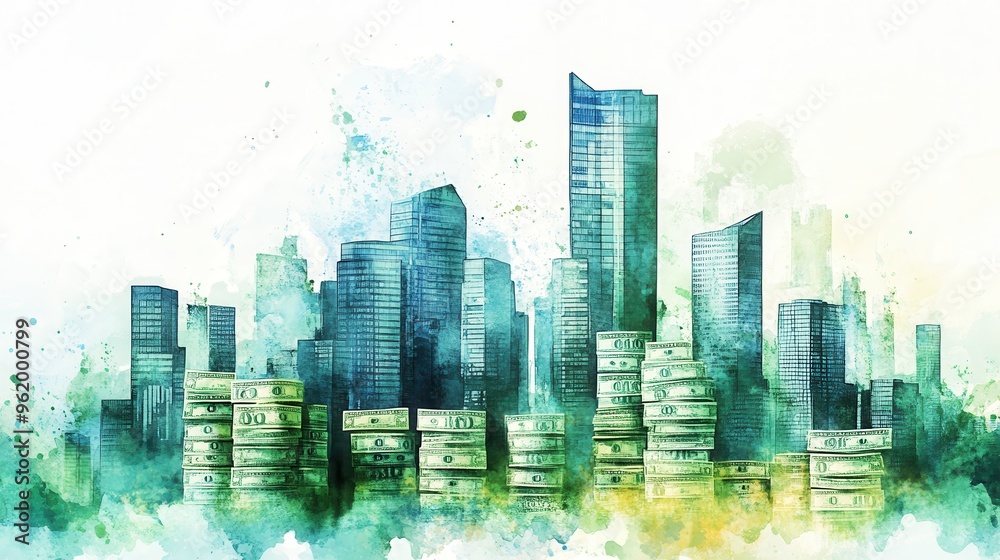 Urban Financial Growth - City Skyscraper Skyline on Money Stacks in Watercolor Blue and Green Hues Urban Financial Growth - City Skyscraper Skyline on Money Stacks in Watercolor Blue and Green Hues