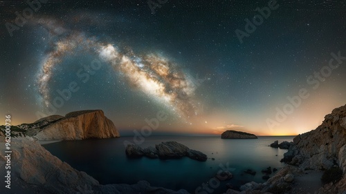 A breathtaking view of the Milky Way arching over a serene coastal landscape under a starry night sky.