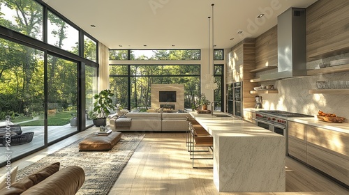 Modern open-concept living space with natural light and greenery.