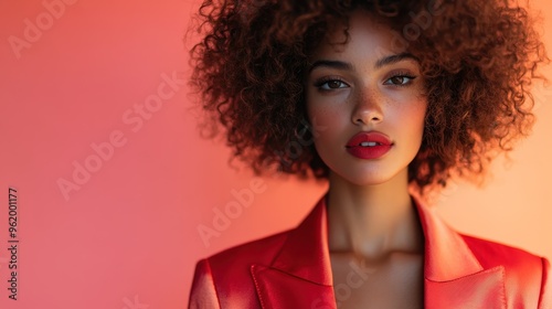 Woman with striking red lips and voluminous curly hair wears a red blazer, standing against a pink background and showcasing a powerful and captivating presence. photo