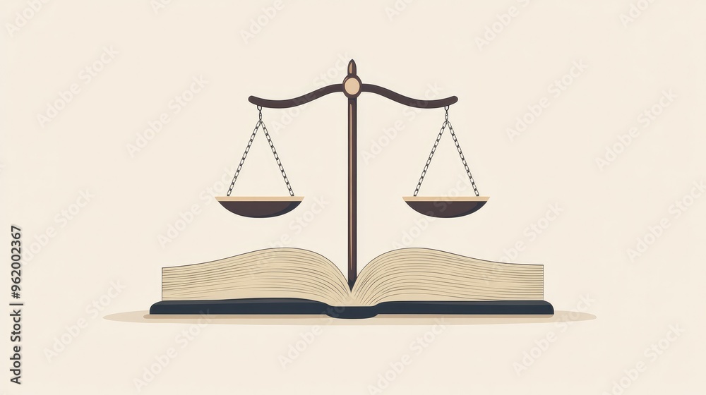 A scale of justice icon centered on a law book, symbolizing the balance of legal principles, in a minimalist design A scale of justice icon centered on a law book, symbolizing the balance of legal principles, in a minimalist design