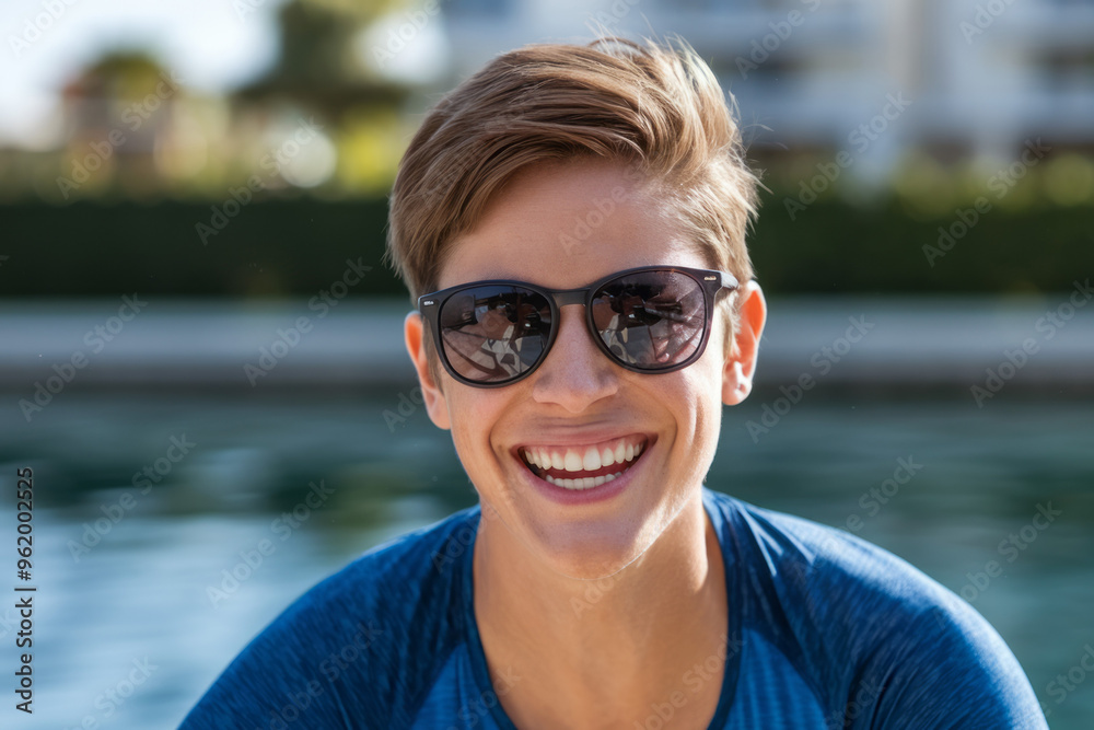 Happy person sunglasses. Smiling woman wearing sunglasses near water. Perfect for summer, vacation, or travel. Happy person sunglasses. Smiling woman wearing sunglasses near water. Perfect for summer, vacation, or travel.
