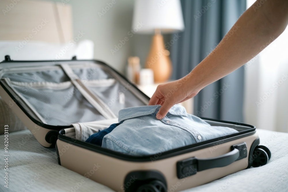 Packing suitcase travel. Person packing a suitcase with clothes for a trip, symbolizing preparation and anticipation for travel. Packing suitcase travel. Person packing a suitcase with clothes for a trip, symbolizing preparation and anticipation for travel.