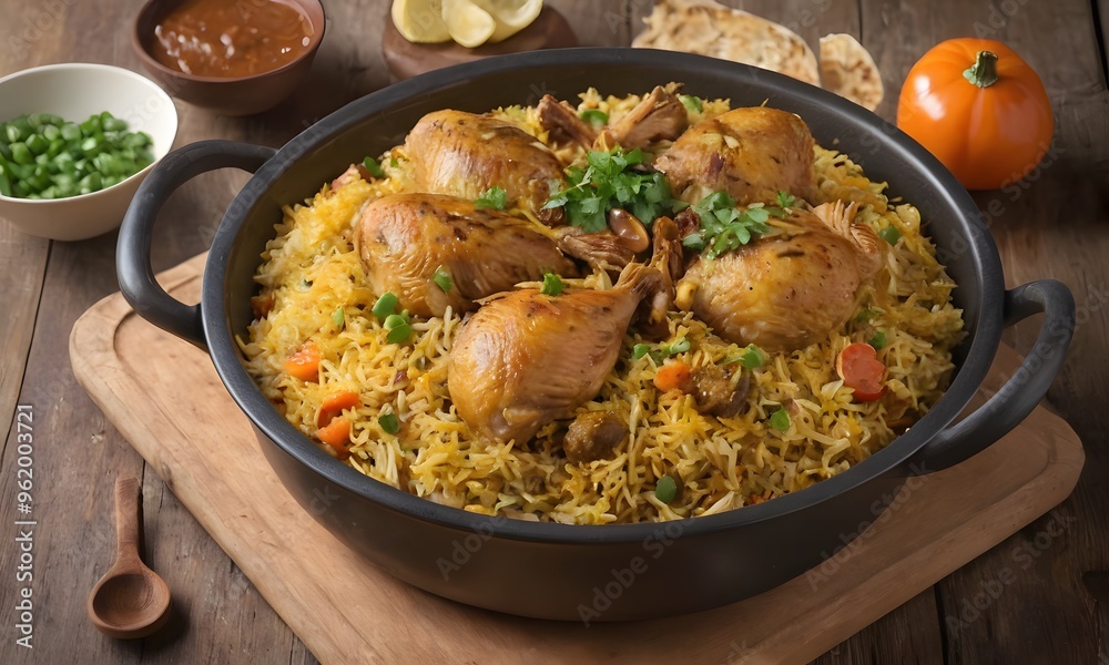 Savory Homemade Chicken Biryani Presented on Rustic Wooden Table, Generative Ai Savory Homemade Chicken Biryani Presented on Rustic Wooden Table, Generative Ai