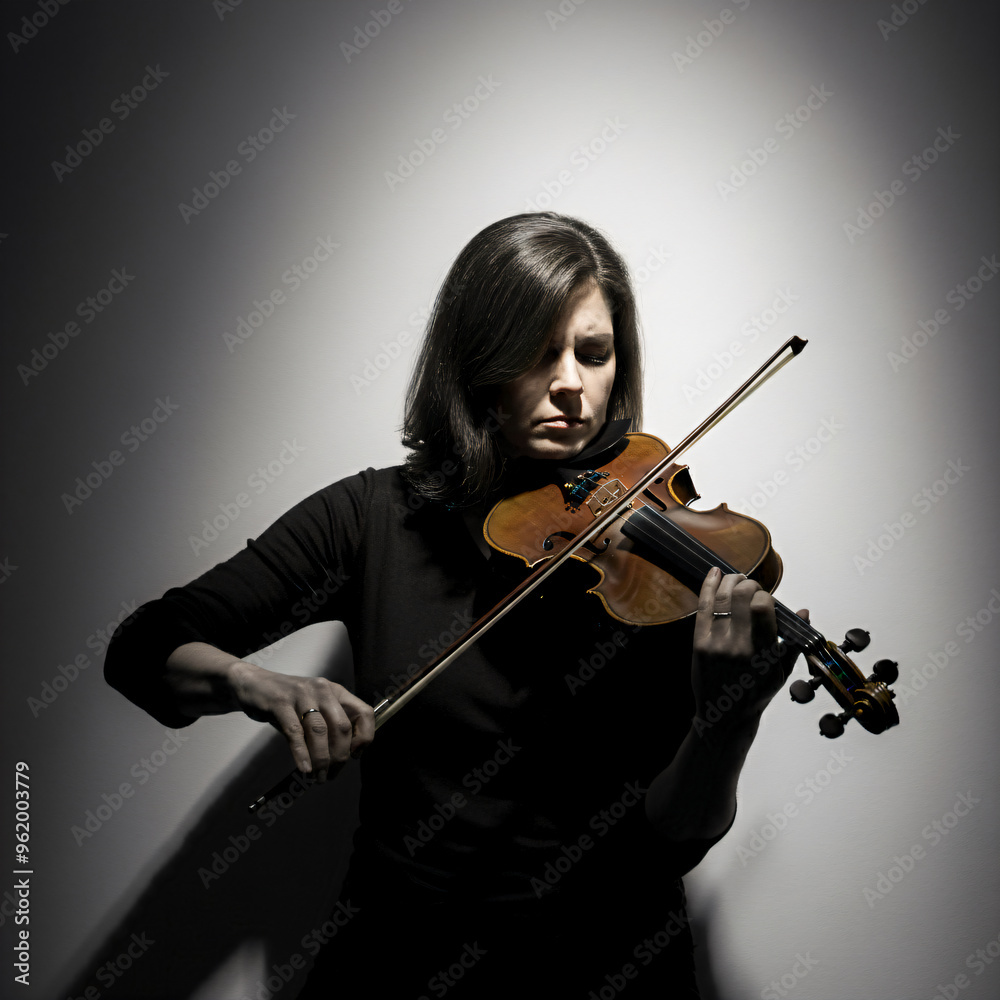 Female Focused violinist playing her violin fiddler creates art with fiddle musician in white background Female Focused violinist playing her violin fiddler creates art with fiddle musician in white background