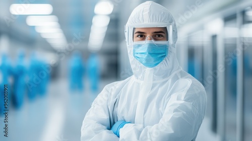 Healthcare worker in full protective gear at hospital