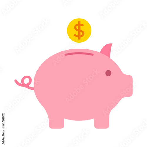 Vector isolated pink piggy bank with yellow dollar coin icon
