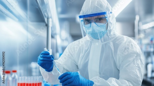 Scientist in protective gear conducting laboratory research