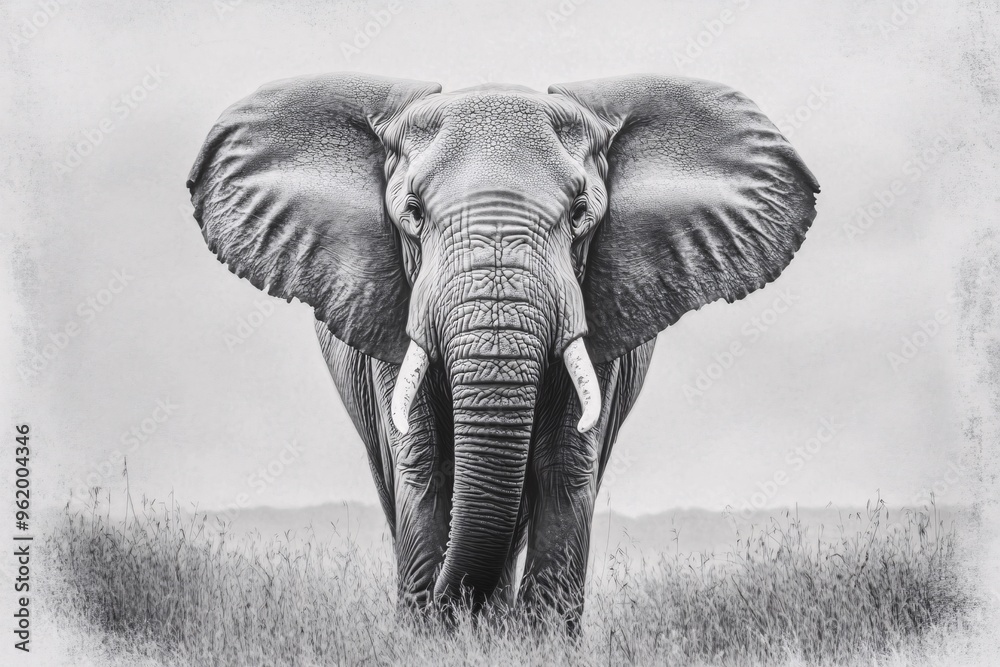 Naklejka premium A detailed sketch of an elephant walking gracefully, showcasing its majestic features and natural beauty against a minimalistic background