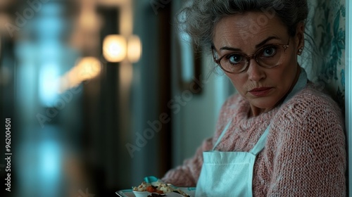 An older woman with gray hair, wearing glasses and a pink sweater, holds a dish while leaning against a wall, with an attentive and concerned expression. photo