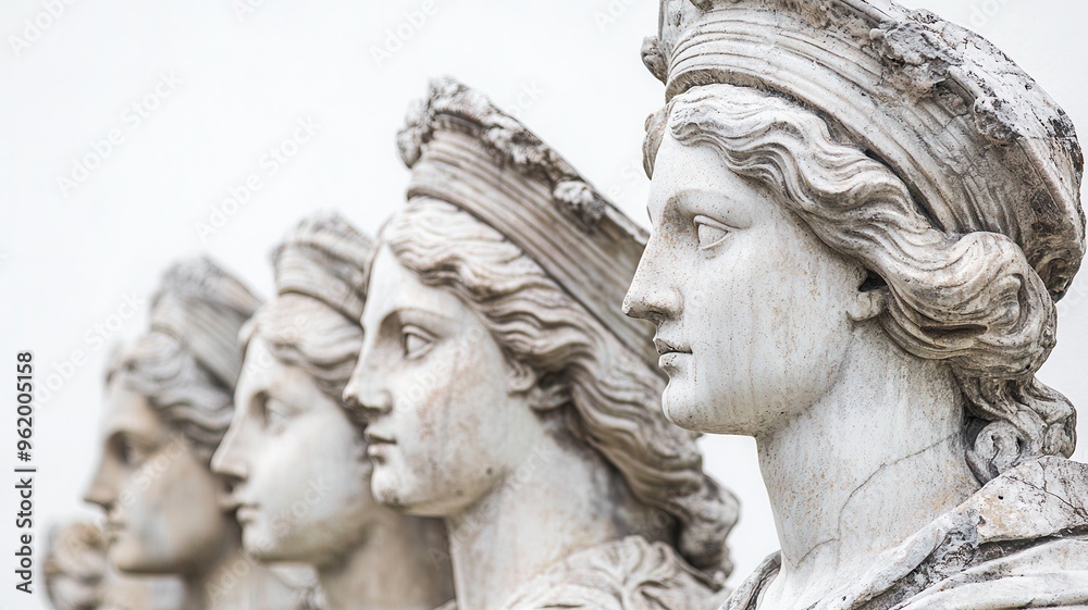 A row of elegant classical statues showcasing detailed facial features and artistic craftsmanship against a neutral backdrop. A row of elegant classical statues showcasing detailed facial features and artistic craftsmanship against a neutral backdrop.
