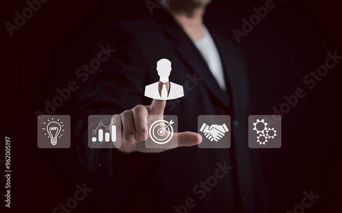 Human Resource Management (HR) concept: a businessman uses an interface for recruitment, leadership development, strategic customer targeting, company positions with precision and efficiency.