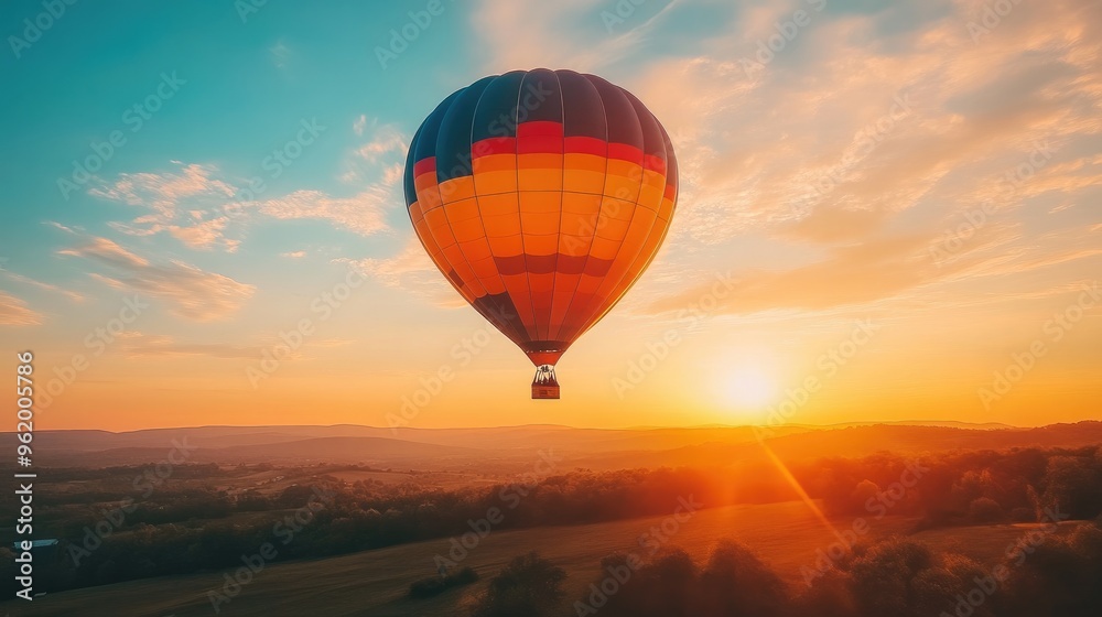 Obraz premium A hot air balloon rising into the sky at sunrise, with bright lens flare effects adding warmth and drama to the shot