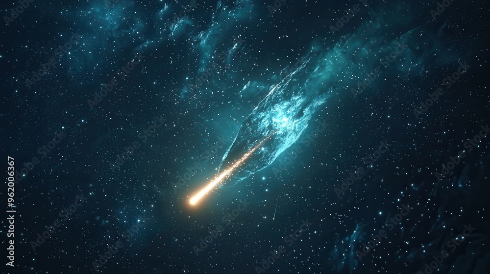 Obraz premium A stunning digital rendering of a comet soaring through a dark, starry universe, leaving a bright trail of light.