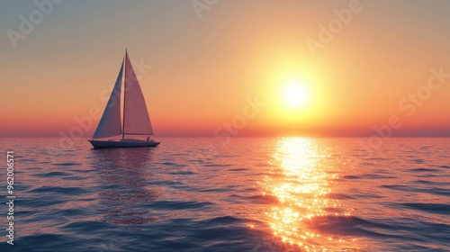 A lone sailboat on the water at sunset, with the sun casting a brilliant lens flare across the surface of the sea