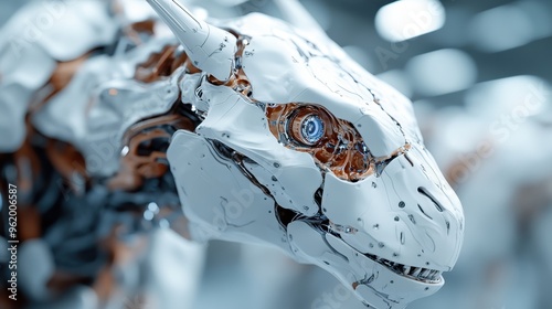 A close-up view of a highly detailed robotic dragon head, showcasing intricate mechanisms and futuristic design, symbolizing the intersection of fantasy and technology. photo