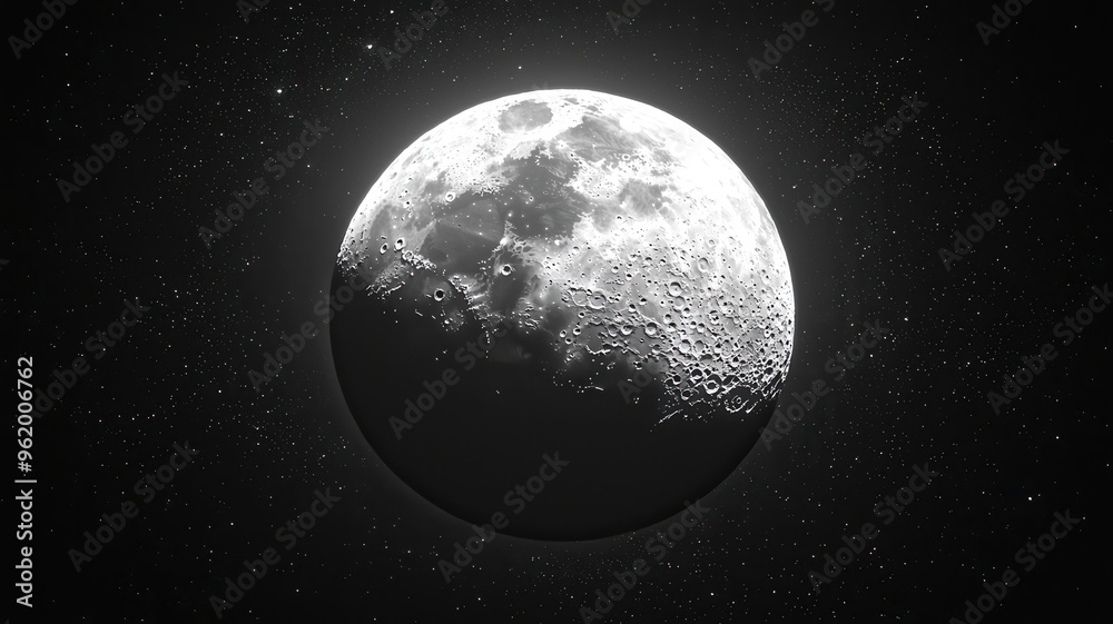 Naklejka premium A stunning monochrome image of the moon illuminated against a starry background, showcasing its craters and details vividly.