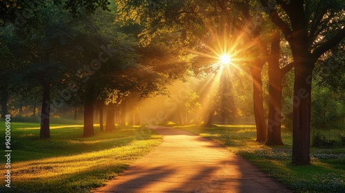 Fototapeta Naklejka Na Ścianę i Meble -  A peaceful park scene at dawn, with the sun casting a lens flare through the trees, illuminating the walking path