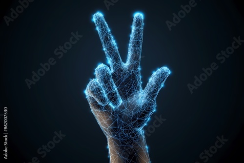 A glowing hand signal representing peace, depicted with digital effects and vibrant colors against a dark background.