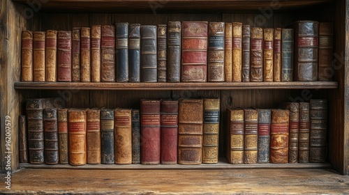 rustic bookcase interior with pearlcolored background exuding warmth and sophistication soft lighting enhances the texture of wooden shelves filled with leatherbound books photo