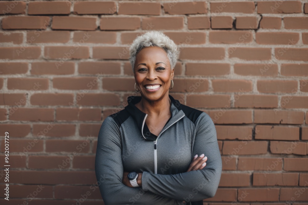 Portrait of a confident black woman smiling in athletic wear against brick wall Portrait of a confident black woman smiling in athletic wear against brick wall