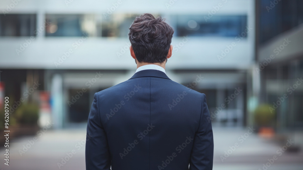 A businessman stands with his back to the camera, looking at something out of frame. A businessman stands with his back to the camera, looking at something out of frame.
