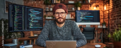 A young man sits at a desk, looking focused as he codes on his computer. photo